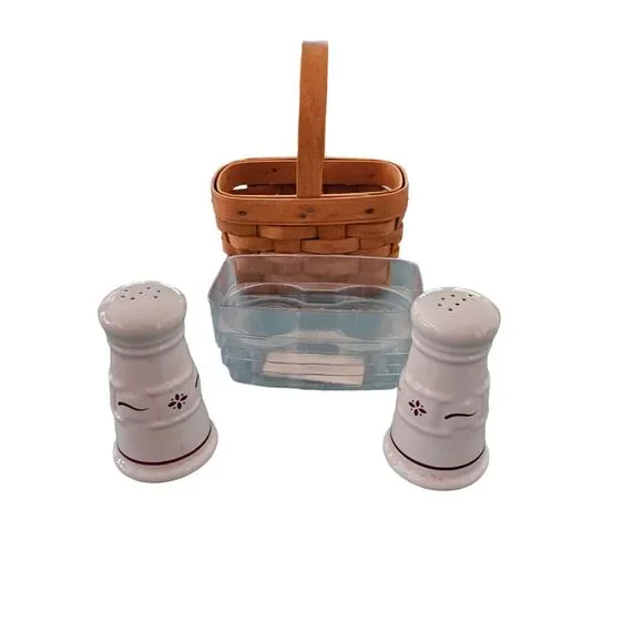 Longaberger Traditional Red Salt & Pepper Shakers W Basket & Double Protector